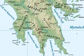 Carte du Sud du Péloponnèse avec le Parnon à l'est.