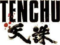 Tenchu est inscrit en lettres noires. Les kanjis 天 (ten?) et 誅 (chū?) sont manuscrits en dessous. Quelques gouttes de sang rouge figurent sur le logo.