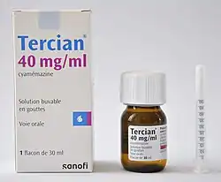 Boite de Tercian en solution buvable 40 mg·ml-1 flacon de 30 ml (France).