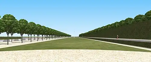 Vue 3D restituée sur la grande terrasse basse de Villeflix, XVIIIe&nbsp;siècle.