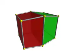 Deux troncs de pyramide accolés, rouge à gzuche, jaune à droite.