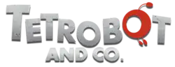 Tetrobot and Co. est écrit sur deux lignes. Les lettres sont stylisées et donnent l’impression d’être faites de plaques de métal assemblées les unes aux autres, à l’exception du second O de « Tetrobot » qui est coloré en rouge et à la forme du Psychobot.
