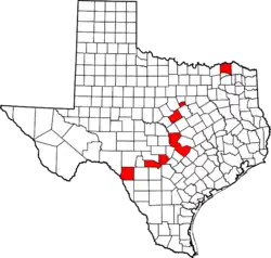 Quelques comtés du Texas où des empreintes de grands théropodes ont été découvertes dans la formation de Glen Rose.