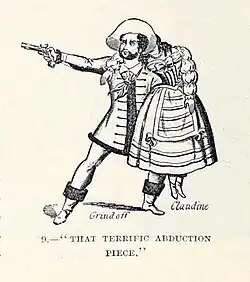 Gravure. Un homme en costume du XVIIIe siècle, un pistolet à la main, enlevant une femme