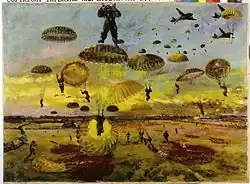 Peinture à l'huile. Vue aérienne d'un ciel rempli de soldats sautant en parachute dans les champs en contrebas. Les avions d'où ils ont sauté s'envolent dans le coin supérieur droit de la composition, et le soleil se lève dans le ciel à l'arrière-plan, donnant au ciel une teinte jaune.