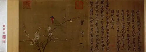 Perruche sur une branche d'abricotier en fleurs, encre et couleurs sur soie, 53,3x125,1cm.Empereur Huizong. Museum of Fine Arts, Boston