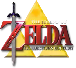 Zelda est inscrit en grosses lettres rouges. Derrière le Z, les trois triangles de la Triforce et l'épée de Link sont représentés, cette dernière étant enlacée dans le Z. Le reste du titre est inscrit sur la droite en dessous et au-dessus du terme Zelda dans des petits caractères de couleur blanche.
