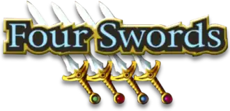 Four Swords est inscrit en grosses lettres bleues bordées de jaune. En arrière plan, figurent, côte à côte et légèrement inclinées, quatre épées à lame blanche et au pommeau doré avec chacun une pointe de couleur verte, rouge, bleue et violette.