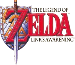 Zelda est inscrit en grosses lettres rouges. Derrière le Z, le bouclier et l'épée de Link sont représentés, cette dernière étant enlacée dans le Z. Le reste du titre est inscrit sur la droite en dessous et au-dessus du terme Zelda en petits caractères de couleur noire.