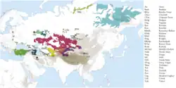 Aire de diffusion de l'ouzbek au sein des langues turciques.