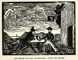 Xylographie. L'apothicaire et le pirate attablés à l'extérieur d'une auberge