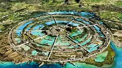 Dessin d'une ville circulaire au milieu de l'eau, entouré d'une végétation luxuriante.