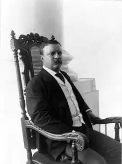 Le président Theodore Roosevelt assis dans une chaise conçue par White, 1903.