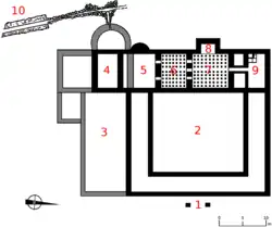 Dessin en noir et blanc représentant le plan de thermes antiques.