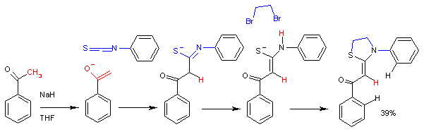 Réaction de l'énolate d'acétophénone avec l'isothiocyanate de phényle. Dans cette synthèse , le produit de réaction ultime est une thiazolidine. C'est beau hein ?...