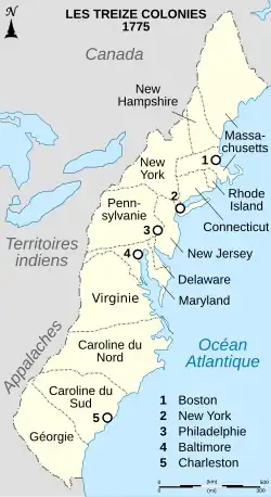Carte des 13 colonies en 1775 regroupant les états de Virginie, Massachusetts, New Hampshire, Maryland, Connecticut, Rhode Island, Delaware, Caroline du Nord, Caroline du Sud, New Jersey, New York, Pennsylvanie et Géorgie.