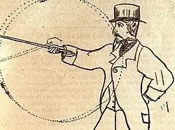 Dessin d'un homme effectuant un moulinet avec une canne à crosse