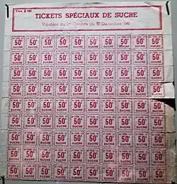 Tickets de rationnement de sucre pour le 4e trimestre 1941 (Musée de la Résistance en Bretagne de Saint-Marcel).