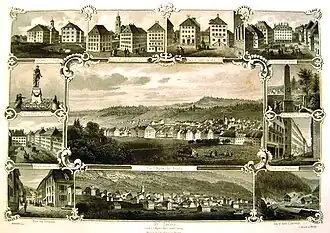 Lithographie représentant différents bâtiments