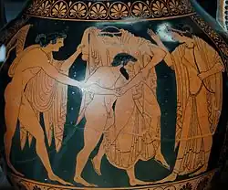 L'enlèvement de Léto par Tityos, amphore attique découverte à Vulci, musée du Louvre