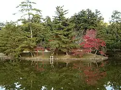 Île verdoyante au milieu d’un lac, avec un torii rouge.
