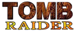 Tomb Raider écrit en majuscule sur deux lignes, Tomb en marron et Raider en jaune.