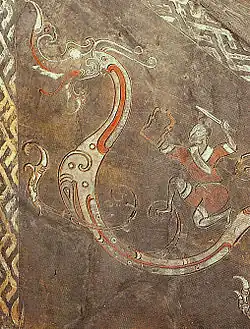 Brique peinte avec un soldat en armes chevauchant un dragon. Ier siècle av. J.-C. Han Occidentaux. Luoyang, Henan. R. Ontario Museum.