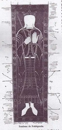 VIe&nbsp;siècle : gisant gravé sur dalle funéraire (Frédégonde)