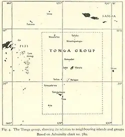 Vue d'une carte indiquant les principales îles des Tonga.