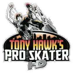 Tony Hawk's Pro Skater est inscrit sur deux lignes sur un fond ovale comportant la ligne d'horizon d'une ville avec beaucoup d'immeubles. En bas, HD dépasse de l'ovale et au dessus de l'ovale un skater exécute une figure.
