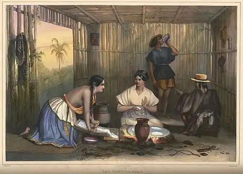Las Tortilleras (Les faiseuses de tortillas). Lithographie colorée à la main, Mexique, début du XIXe&nbsp;siècle