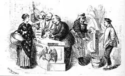 Dessin représentant une femme, un panier sous le bras droit, discutant avec trois hommes, derrière lesquels un autre homme fabrique des pièces de monnaie en tournant un moulin, sous le regard d'un asiatique.