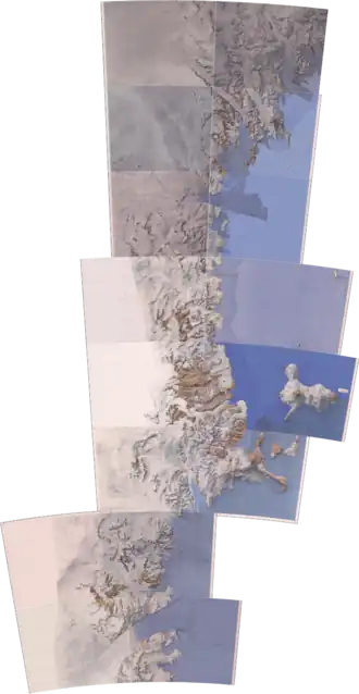 Vue d'une partie de la terre Victoria et de la chaîne Transantarctique avec la côte de Scott (centre de la carte).