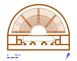 Dessin en brun sur blanc du plan d'un théâtre antique.