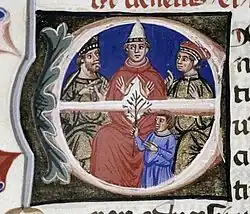 Image d'un livre montrant trois personnes, celle du milieu étant un homme d'Église