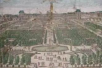 Le jardin au XVIIe siècle, met en scène le palais des Tuileries avant tout.