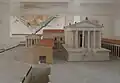 Maquette du forum à la fin du IIe&nbsp;siècle : Capitole, portiques et temple occidental ; la bâtisse derrière le Capitole était peut-être une bibliothèque.