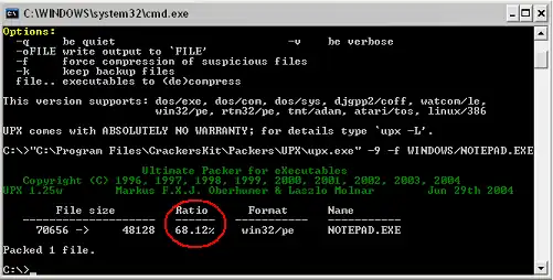 Visualisation du ratio de compression sur notepad.exe
