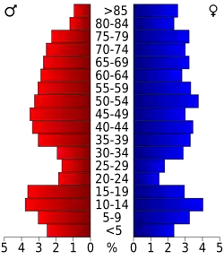 Schéma représentant la population du comté, par tranche d'âge. En rouge, à gauche, les femmes, en bleu à droite, les hommes.
