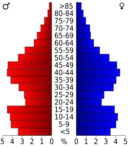 Schéma représentant la population du comté, par tranche d'âge. En rouge, à gauche, les femmes, en bleu à droite, les hommes.