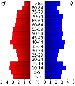 Schéma représentant la population du comté, par tranche d'âge. En rouge, à gauche, les femmes, en bleu à droite, les hommes.