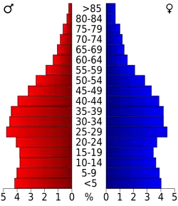 Schéma représentant la population du comté, par tranche d'âge. En rouge, à gauche, les femmes, en bleu à droite, les hommes.