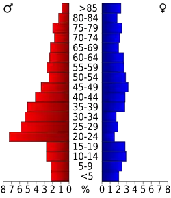 Schéma représentant la population du comté, par tranche d'âge. En rouge, à gauche, les femmes, en bleu à droite, les hommes.