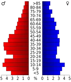 Schéma représentant la population du comté, par tranche d'âge. En rouge, à gauche, les femmes, en bleu à droite, les hommes.