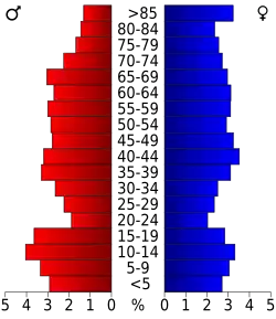 Schéma représentant la population du comté, par tranche d'âge. En rouge, à gauche, les femmes, en bleu à droite, les hommes.