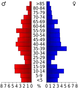 Schéma représentant la population du comté, par tranche d'âge. En rouge, à gauche, les femmes, en bleu à droite, les hommes.