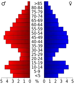 Schéma représentant la population du comté, par tranche d'âge. En rouge, à gauche, les femmes, en bleu à droite, les hommes.