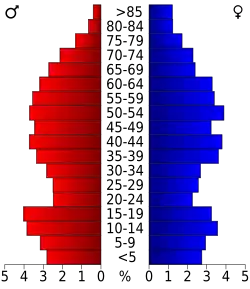 Schéma représentant la population du comté, par tranche d'âge. En rouge, à gauche, les femmes, en bleu à droite, les hommes.