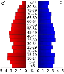 Schéma représentant la population du comté, par tranche d'âge. En rouge, à gauche, les femmes, en bleu à droite, les hommes.
