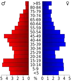Schéma représentant la population du comté, par tranche d'âge. En rouge, à gauche, les femmes, en bleu à droite, les hommes.